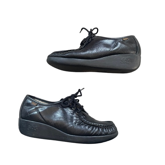 SAS Black Leather Wedge Style Coquette Preppy Grunge Gothic Lace Up Oxford Shoes - Picture 4 of 15